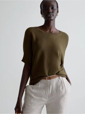 QUINCE Lightweight Cotton Cashmere Link-Stitch Dolman Sweater, Large